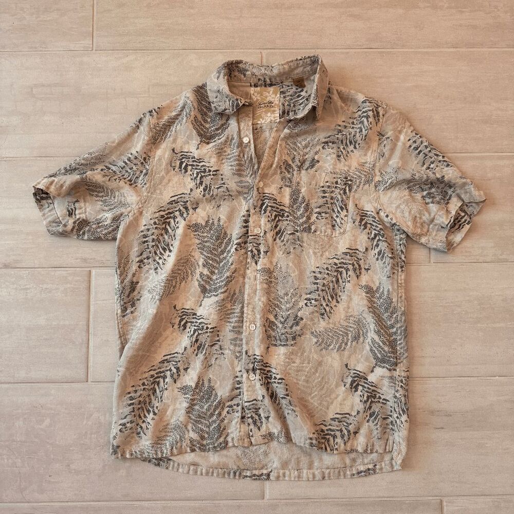 Tasso Elba Island Hawaiian Button Shirt Silk Linen Medium Beige Short Sleeve